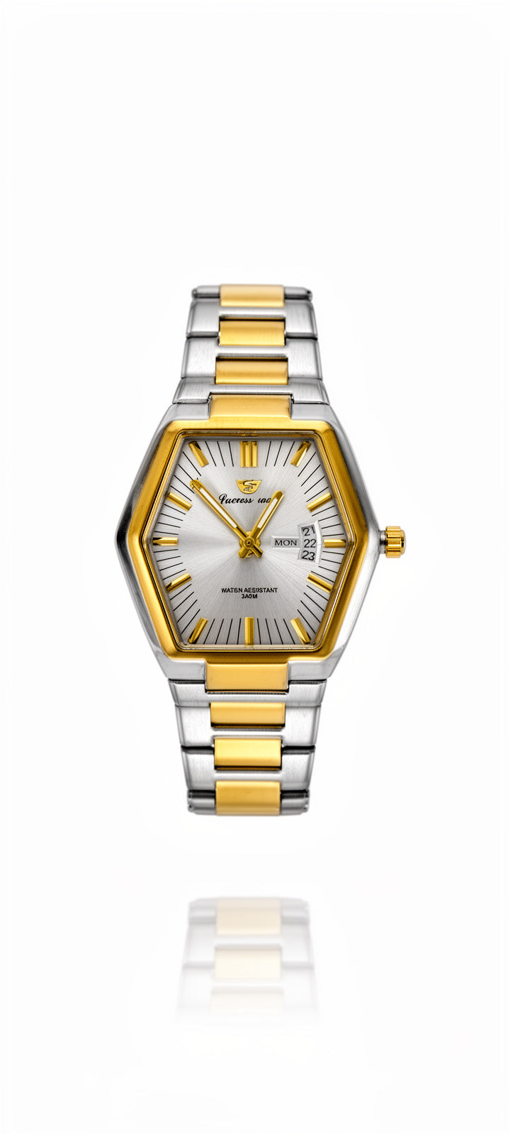 The Executive Series: Two-Tone Hexagon Watch with Silver Sunburst Dial