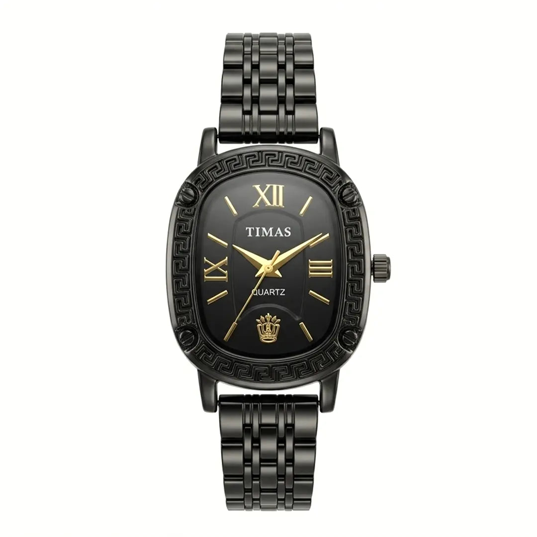 TIMAS Oval Greek Key Bezel Edition | Roman Numeral Metallic Bracelet Quartz Watch