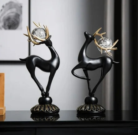 Resin Deer Statue sculpture set with crystal balls Black