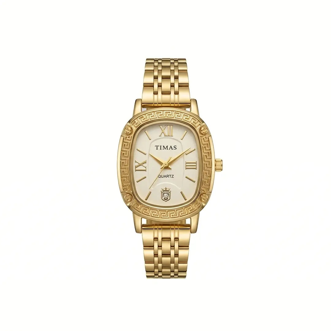 TIMAS Oval Greek Key Bezel Edition | Roman Numeral Metallic Bracelet Quartz Watch