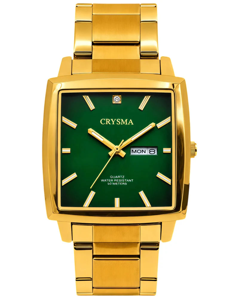 PREMIUM Square Dial Men Fashionable Chain Watch in Full Gold Green Dial