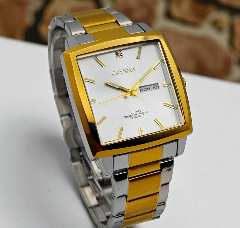 PREMIUM Square Dial Men Fashionable Chain Watch in DUAL TONE Green Dial