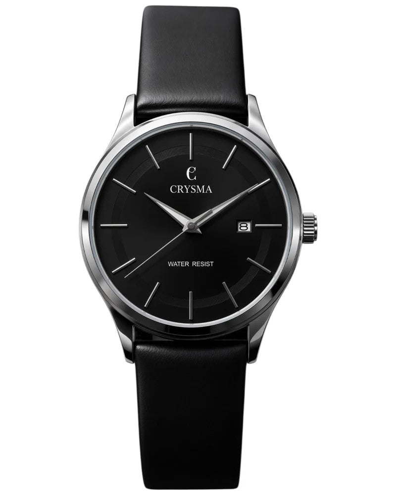 Crysma CRL1046 Stomic Pure Leather Band Watch [Black/Silver]